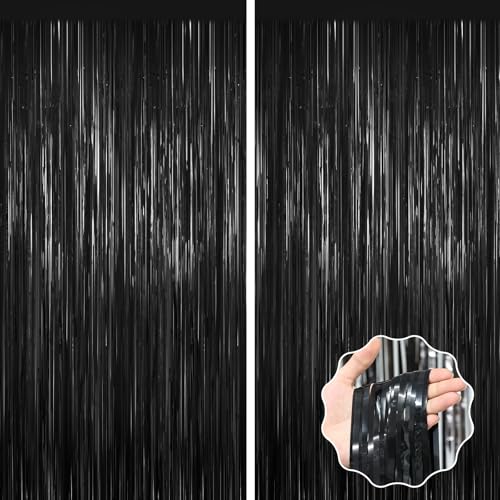 Black Foil Curtain Backdrop,2Pack Black Metallic Tinsel Foil Fringe Curtains Photo Booth Props for Birthday Wedding Engagement Baby Shower Bachelorette Christmas Halloween Disco Party Door Decorations