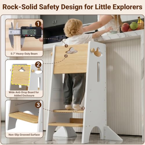 COSYLAND Toddler Kitchen Standing Tower with Safety Rail - Natural & White, Adjustable & Stable Toddler Step Stool