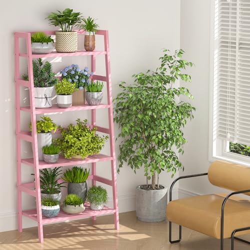 Pink Ladder Shelf - 4-Tier Bamboo Bookcase & Organizer for Home