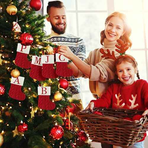 Christmas Stockings with Initials, 7 Inch Mini Letter Stocking, Embroidered Small Red White Cable Knitted Christmas Decoration for Home Family Holiday Xmas Tree Fireplace Gifts-Letter W