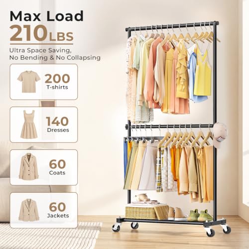 Black Double Rod Clothes Rack - 35-Inch Portable Garment Rack with Wheels