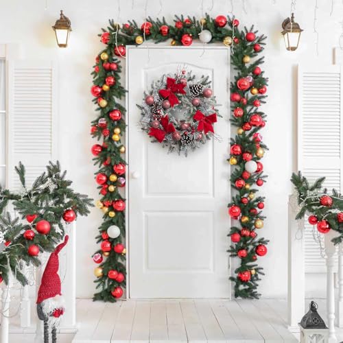 GarveeHome 24in Red & White Pre-Lit Christmas Wreath with Bow, Pinecones, Berries, Balls & 30 LEDs (Battery Operated)