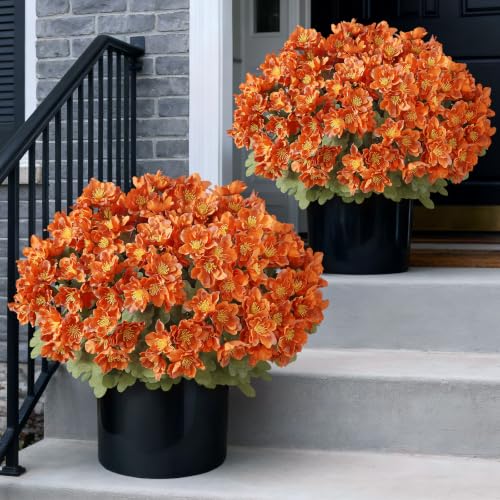 Artificial Fall Camellia Topiary Ball Trees - 2 Pack Orange Potted Plants