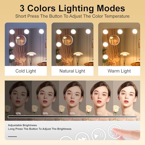 Hasipu 32x24 Inch White Hollywood Makeup Vanity Mirror with Lights, 17 Dimmable LED Bulbs & 10X Magnification