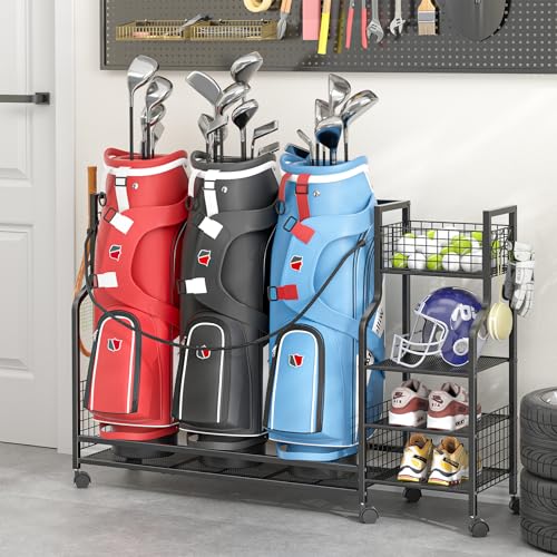 DAOUTIME Golf Bag Storage Rack for Garage – Holds 3 Bags, Wheels, Organizer for Clubs & Accessories