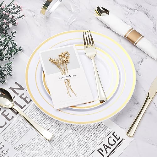 BESTVIP Gold Plastic Dinnerware Set for 50 Guests - Plates, Silverware, Cups & Napkins