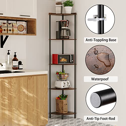 SUNMORY Rustic Brown 5-Tier Corner Shelf - Tall Corner Bookcase for Living Room