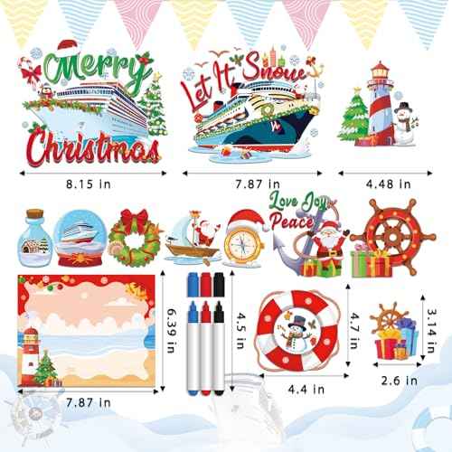 Christmas Cruise Door Magnets - 16 Pcs Cute Merry Xmas Ship Cabin Decorations Magnetic Stickers Anchor Stateroom Snowman Santa Decal Decor with Pens for Whiteboard Fridge Party Car Gifts