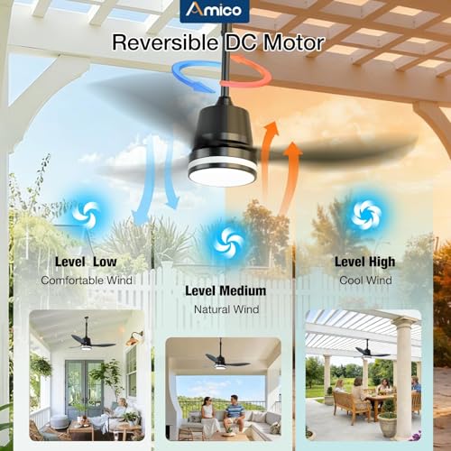 Amico 42-Inch Black Outdoor Ceiling Fan with Lights, Waterproof IP65 Gazebo Fan