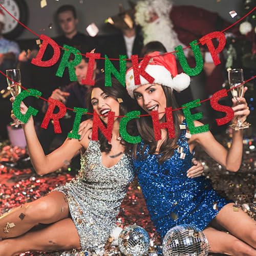 Drink Up Christmas Decorations Red Green Glittery Christmas Banner Xmas Garland Banners Winter Holiday Garland Photo Props Banners Christma Party Decorations for Xmas Backdrop Decorations