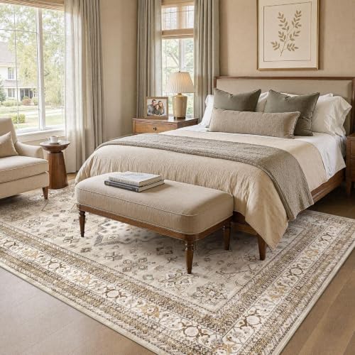 8x10 Beige Area Rug - Washable Traditional Vintage Carpet for Living Room