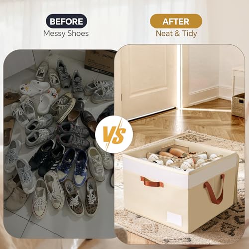 Criusia Foldable Shoe Organizer Box with Adjustable Dividers - Beige, Holds 16-32 Pairs