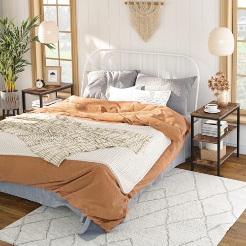 End Table with 3-Tier Storage Shelf - Rustic Brown & Black Narrow Nightstand, Small Space Side Table
