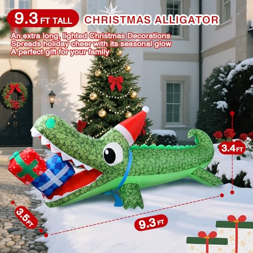 Aotiooy 9.3 FT Christmas Inflatable Crocodile Yard Decor with LED Lights, Santa Hat & Gift Box