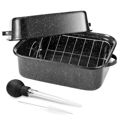 Large 21 Inch Roasting Pan with Lid, V Rack, Turkey Baster & 25lb Capacity