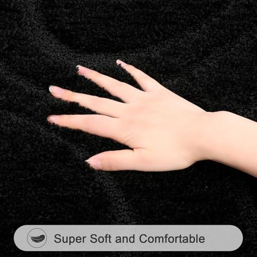 HEBE Bathroom Rug Set 5 Piece - Non Slip Microfiber Absorbent Bath Mats - Black, 18x26, 20x32, 20x48, U-Shaped & Toilet Cover