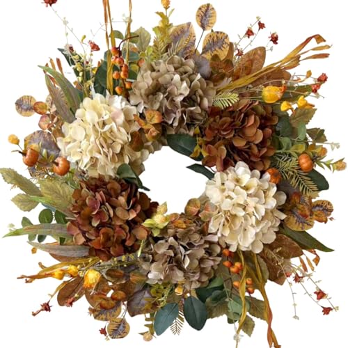 WANNA-CUL 24 Inch Fall Wreath with Hydrangea & Mini Pumpkins - Rustic Autumn Front Door Decor (10-Rustic Hydrangea Variant)