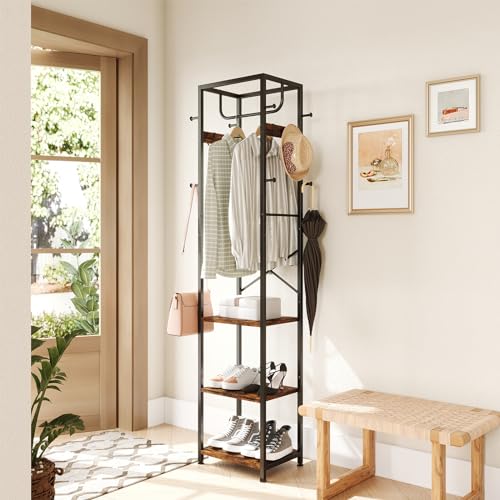 ELYKEN Rustic Brown Freestanding Coat Rack with Shelves & Hooks - Modern Hall Tree