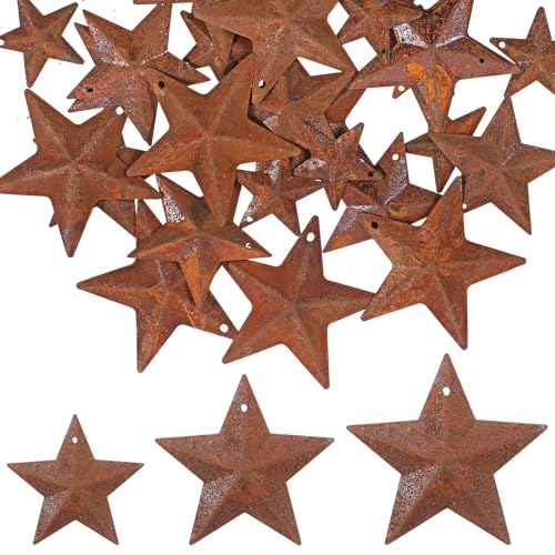Alrhso 30 Pcs Metal Star for Crafts, Rusty Barn Stars 3D Star Ornaments Antique Rusty Metal Stars Decoration for Vintage Farmhouse Wall Decor Christmas Decoration (3 Sizes, 1", 1.5", 2")