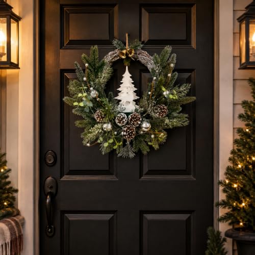 Svndlyn 18-Inch Indoor Outdoor Christmas Wreath with Silver Ornaments & Timer
