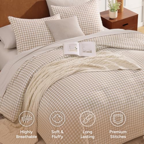 Twin Gingham Comforter Set - Tan Checkered Grid Bedding with Pillowcase - 66x90 inches - Variation 05
