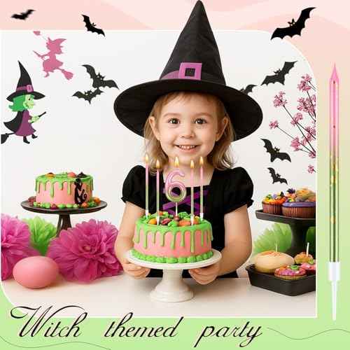 MTLEE Number 6 Pink and Green Birthday Candle with 6 Pcs Spiral Candles 5.12 Inch Pastel Cake Topper for Girls Witch Theme Party Decoration