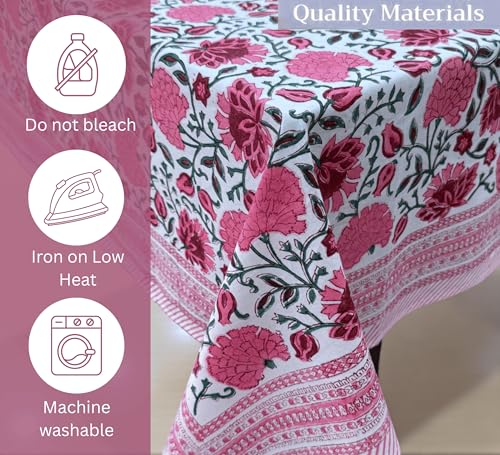 White Ibis Rose Floral Fall Tablecloth 120x72 Inches Hand Block Print, Rectangular Dining Decor