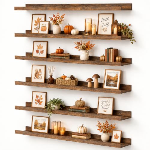 Floating Wall Shelves Set - Brown, 6 Pack, 35.5 Inch Length - Modern Wall Decor & Storage
