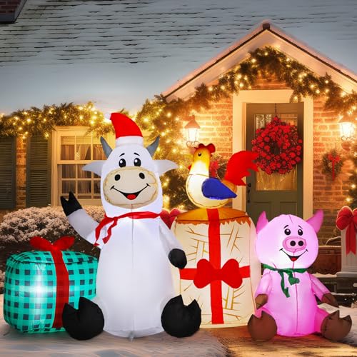 Capoda 6 ft Christmas Inflatable Farm Cow Scene with Pig & Chicken – Outdoor LED Yard Decor