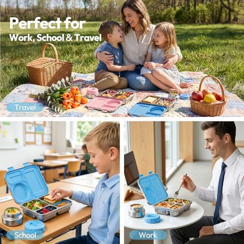 Stainless Steel Bento Lunch Box with 8oz Insulated Food Jar - Blue - 3 Compartments, Leak-Proof & BPA-Free for Kids & Adults