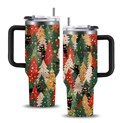 WWHSAI Christmas Cat 40oz Tumbler with Handle & Straw (Variation: Christmas Cat) Stainless Steel Insulated Cup