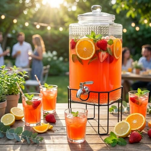 2 Gallon Glass Drink Dispenser with Stand and Leakproof Spigot - Lemonade Iced Tea Punch