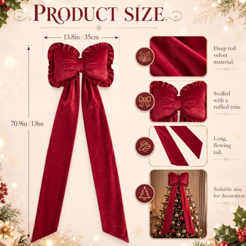 71x14'' Velvet Giant Pillow Christmas Tree Topper Bow, Burgundy Red