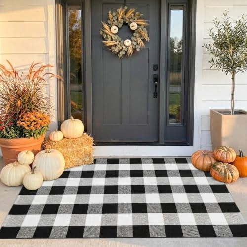 Buffalo Plaid Outdoor Rug 3x5 ft Black White Layering Doormat, Washable Porch Entryway Mat - Variation: Black & White Plaid / 3' x 5'