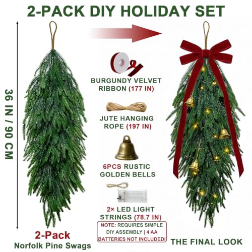 Green 2-Pack 36" Norfolk Pine Christmas Teardrop Swag with LED Lights - Holiday Decor