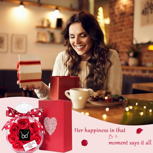 Red Gifts for Girlfriend - Romantic Rose & Heart Necklace Set for Christmas, Valentines, Birthday