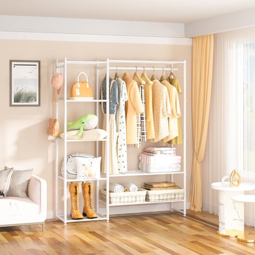 Neprock White Medium Clothing Rack with Shelves & Garment Bar - Portable Closet Organizer