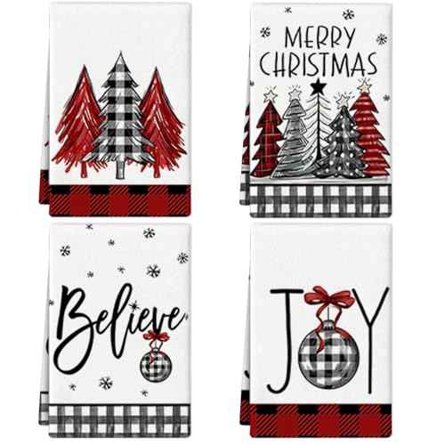 Buffalo Plaid Christmas Kitchen Towels 16x24 Inch Red Black Hand Towels for Kitchen,Christmas Decorations for Bathroom,Festive Holiday Dish Cloths for Xmas Winter Home Indoor Decor Set of 4