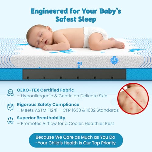 Ocean Memory Foam Crib Mattress - Dual-Sided Waterproof Toddler Bed, 52 x 27.6 inches