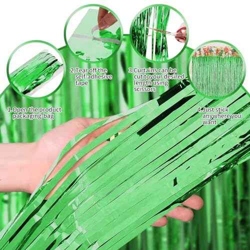 Green Curtains for Party, 3 Pack 3.2ft x 8.2ft Green Streamers, Birthday & Football Party Decorations, Jungle Theme, Photo Booth Props