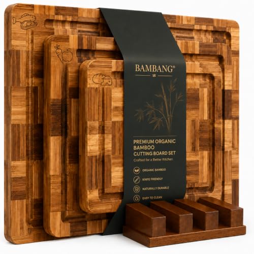 BAMBANG End Grain Bamboo Cutting Boards Set of 3 with Juice Groove & Stand