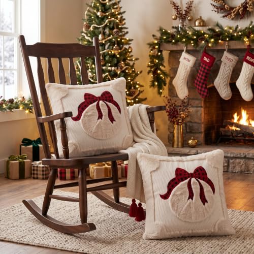 Vteeculor Beige Christmas Bell 18x18 Set of 2 Plush Faux Fur Throw Pillow Covers