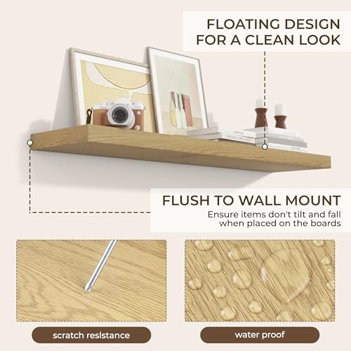 Oak Floating Wall Shelves Set of 2 - 47.2 Inch Rustic Modern Storage