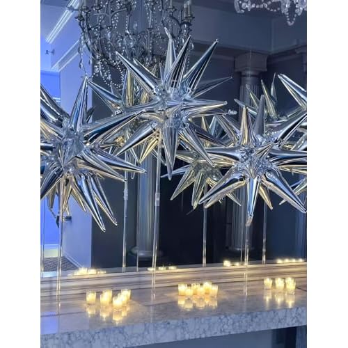 Silver Star Balloons,8Pcs Foil Balloons Explosion Star Balloon One-Piece 14-Pointed Spike Cone Mylar Balloon for halloween Birthday Wedding Bachelorette Disco Party Decorations