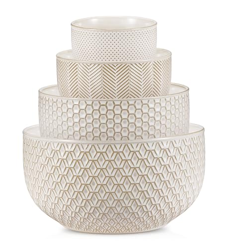 KooK Ceramic Nesting Bowls Set of 4 - Embossed Ivory Oven Safe Kitchenware