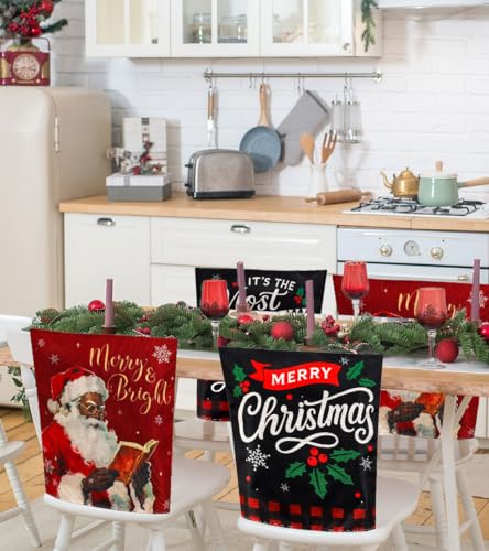 Whaline 6Pcs Christmas Chair Back Cover African American Black Santa
