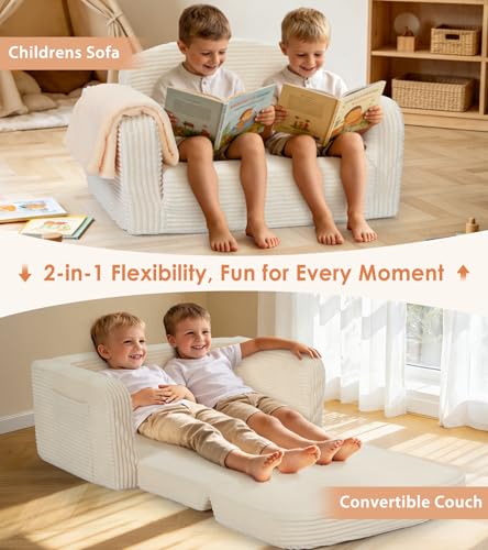 Lanabuna Cream Large 2-in-1 Kids Couch with Storage & Blanket - Toddler Sofa Chair