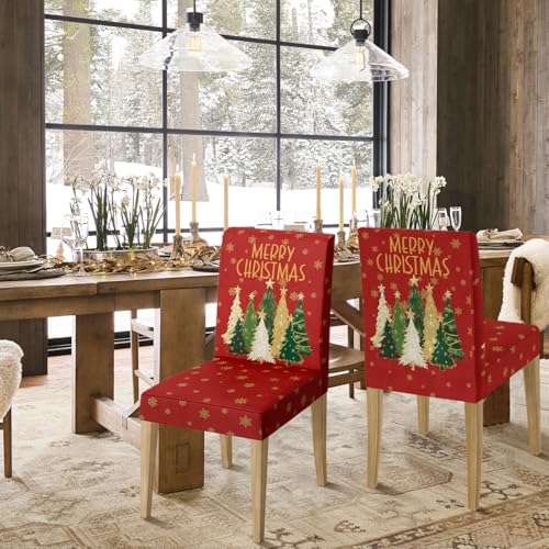 Horaldaily Red Christmas Pine Tree Star Chair Covers 8PCS - Holiday Home Decor
