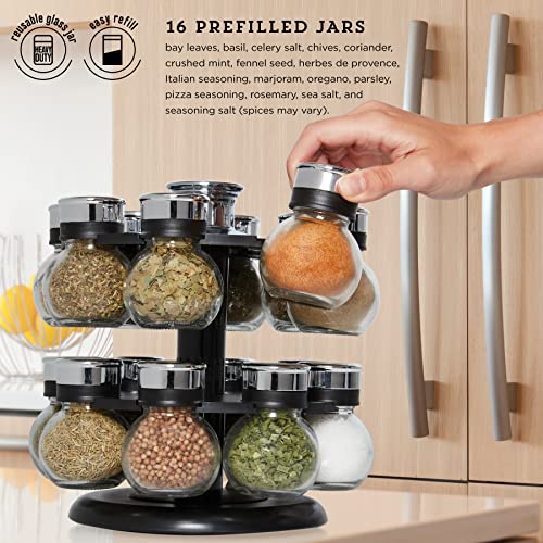 16-Jar Revolving Spice Rack with Clear Labeled Caps & Removable Sifters