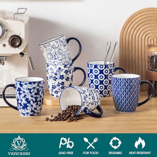 Large 16 Oz Coffee Mug Set of 6 - Vintage Blue Porcelain Tea and Coffee Cups with Handle